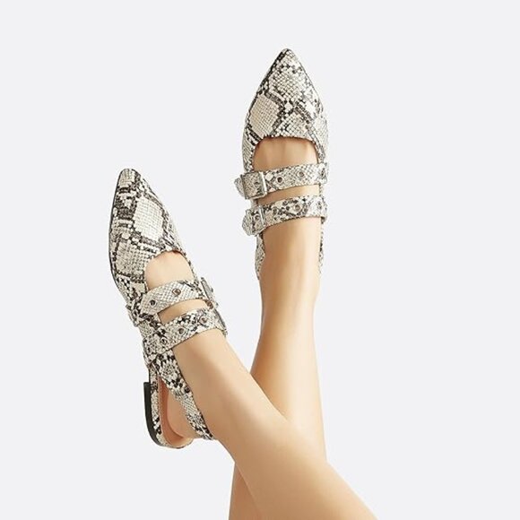 LUCKY STEP Women's Slingback Buckle Flats Ballet Pointed Toe In Snake, 7 - Picture 1 of 13